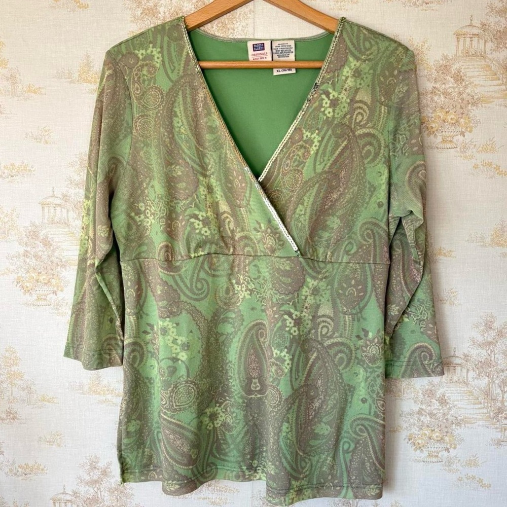Vintage 90s y2k fairy Faded Glory green paisley sequin babydoll 3/4 sleeve top